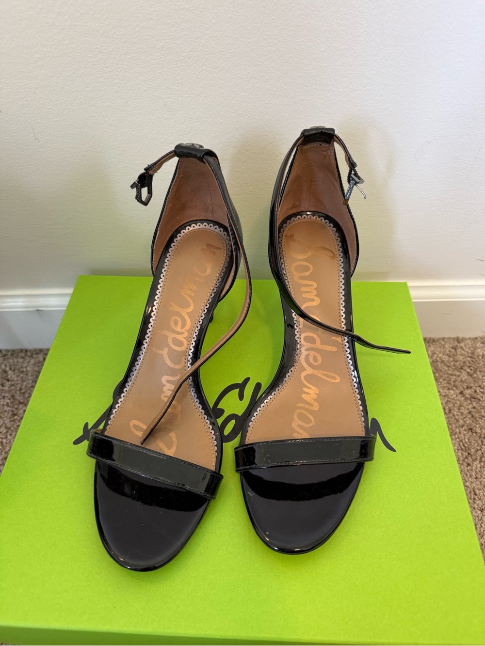 Sam Edelman Black Patent Open-Toe Ankle Strap Kitten Heels